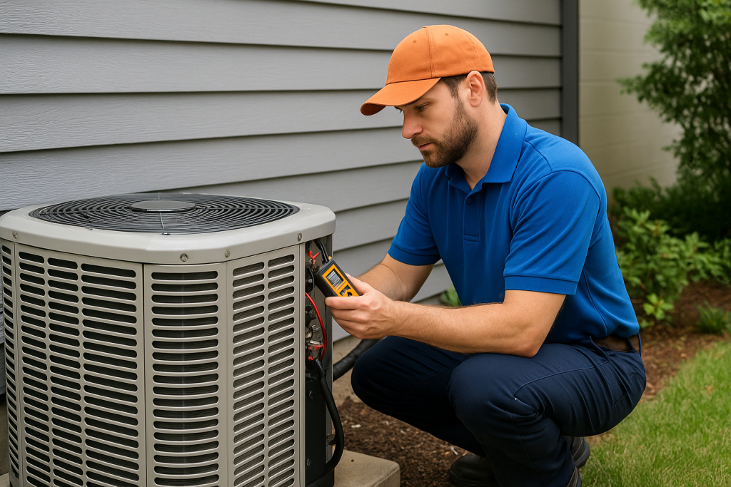 HVAC technician checking an outdoor air conditioning unit with tools and safety gear