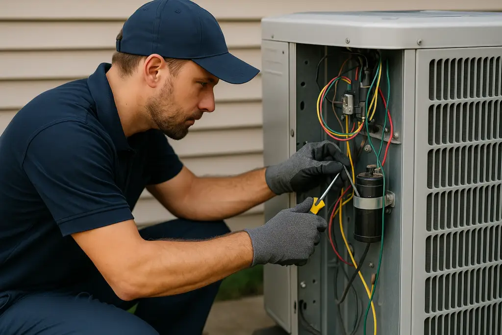 HVAC technician using diagnostic tools on a residential AC unit during a maintenance check