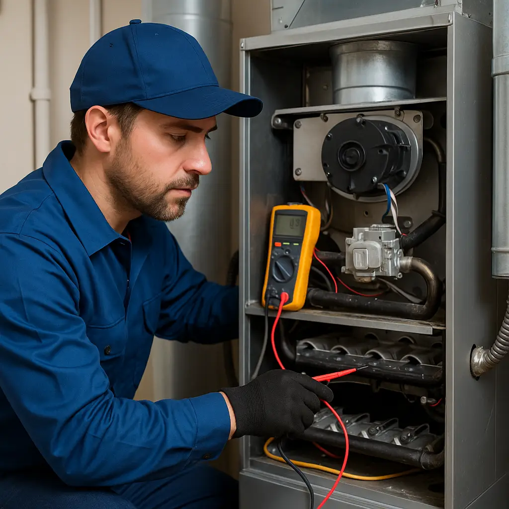 HVAC technician working inside a residential furnace unit during a routine service call