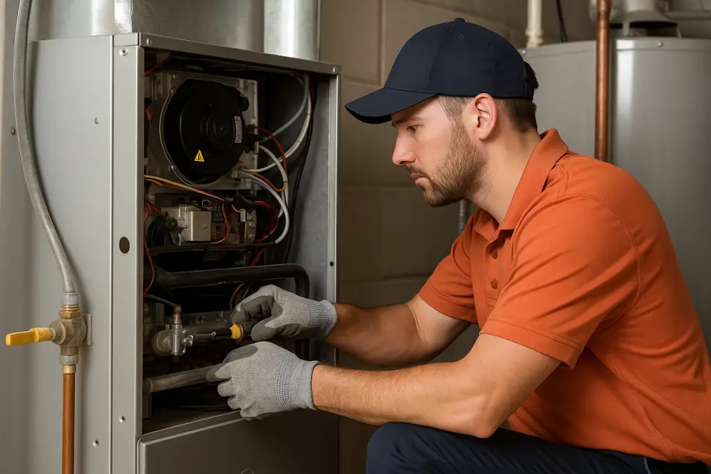HVAC technician servicing a high-efficiency gas furnace with tools during a detailed inspection